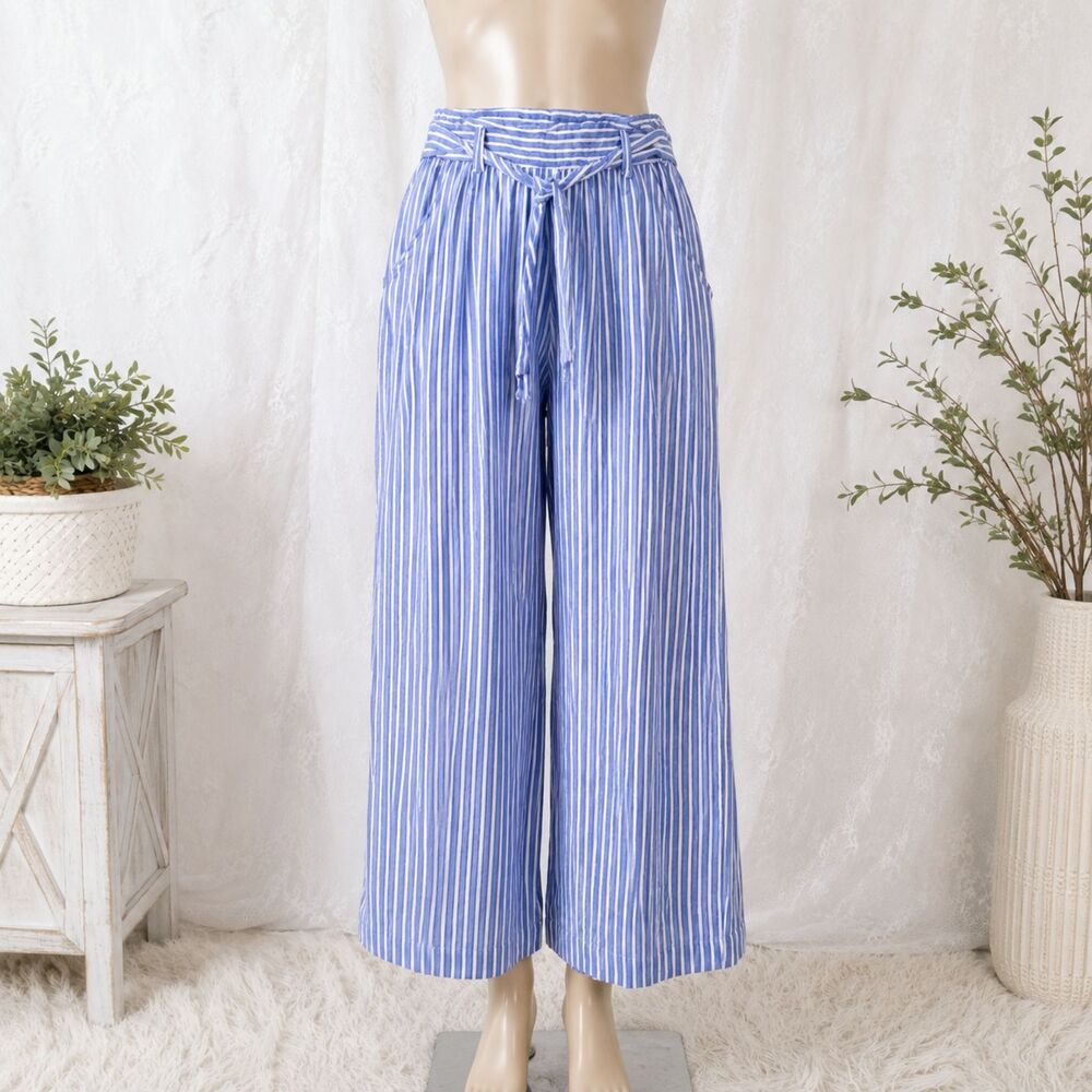 Rewind Blue Stripe Linen Blend Wide Leg Pants Size XL Tie Front
